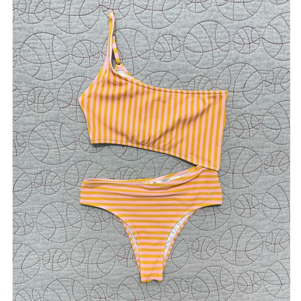 Quiksilver Bikini Set Pink Yellow Striped Ribbed One Shoulder / Womens Medium